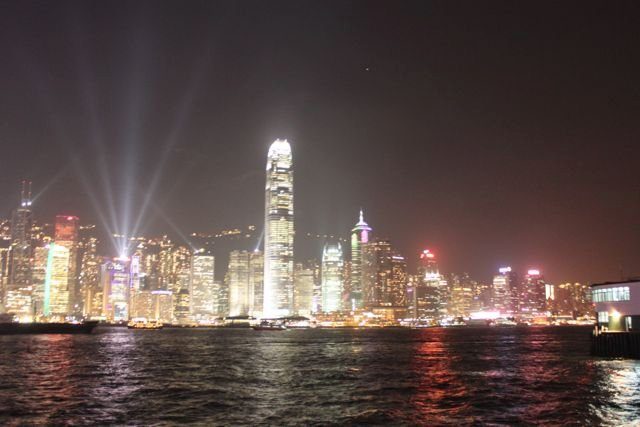 Hong Kong Island skyline at night during the Symphony of Lights laser show