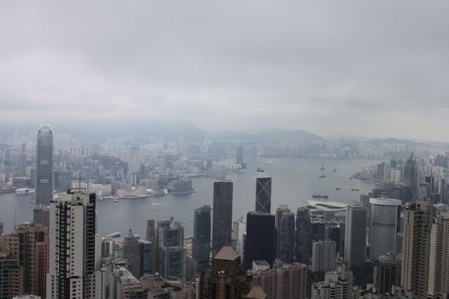 View from Victoria Peak across the harbour to Kowloon on a hazy day