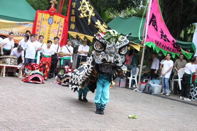 Lion dance performance with banners at a kung fu festival