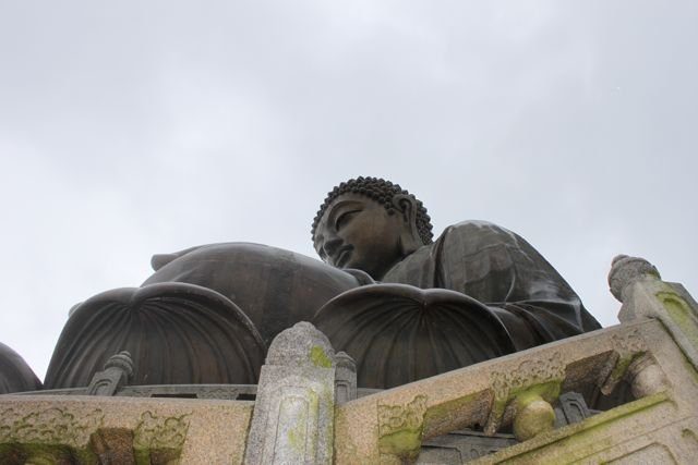 Tian Tan Big Buddha looking up from the base of the steps on Lantau