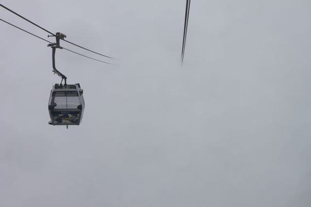 Ngong Ping 360 cable car disappearing into fog above Lantau