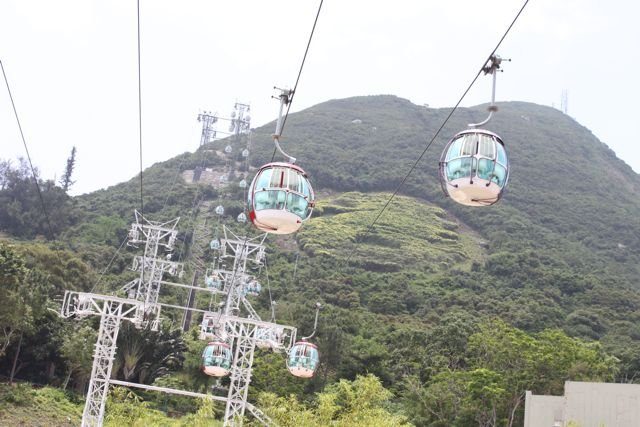 Ocean Park cable car gondolas crossing over green hillside