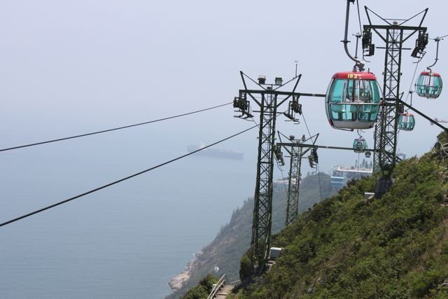 Ocean Park cable car line descending towards the sea on a hazy day