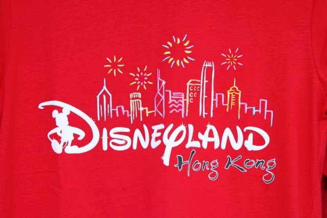 Red Disneyland Hong Kong souvenir t-shirt with skyline design